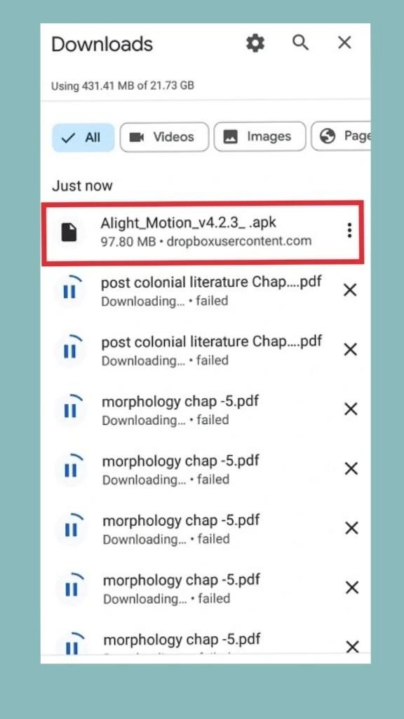 Download Alight Motion Mod APK for Android - Latest & Old Versions, Pro Features! 3 Android phone's "Downloads" screen showing a list of downloaded files.