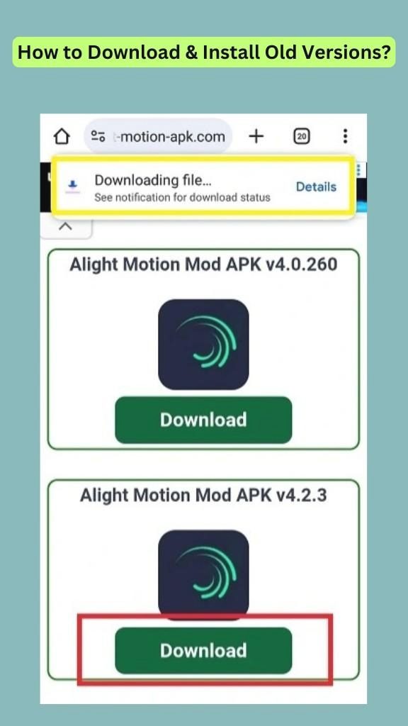 Download Alight Motion Mod APK for Android - Latest & Old Versions, Pro Features! 2 Download in progress for an older version of the Alight Motion Mod APK from the website themotionalight.com, with options to download versions.