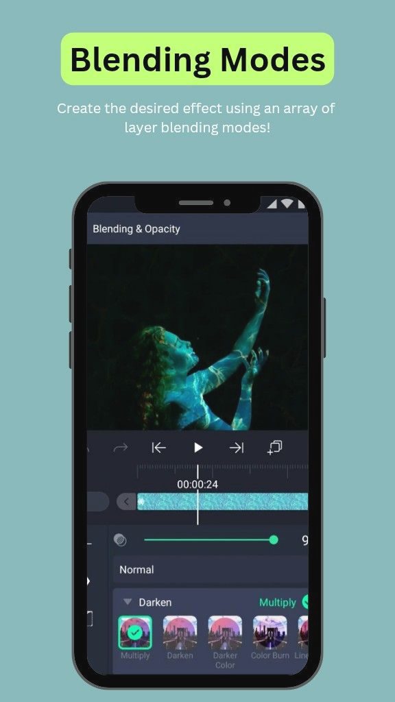 Home 8 Mobile screen showing the Blending Modes selection in Alight Motion, with a preview of a blue-lit figure and mode options like Multiply, Darken, and Color Burn.