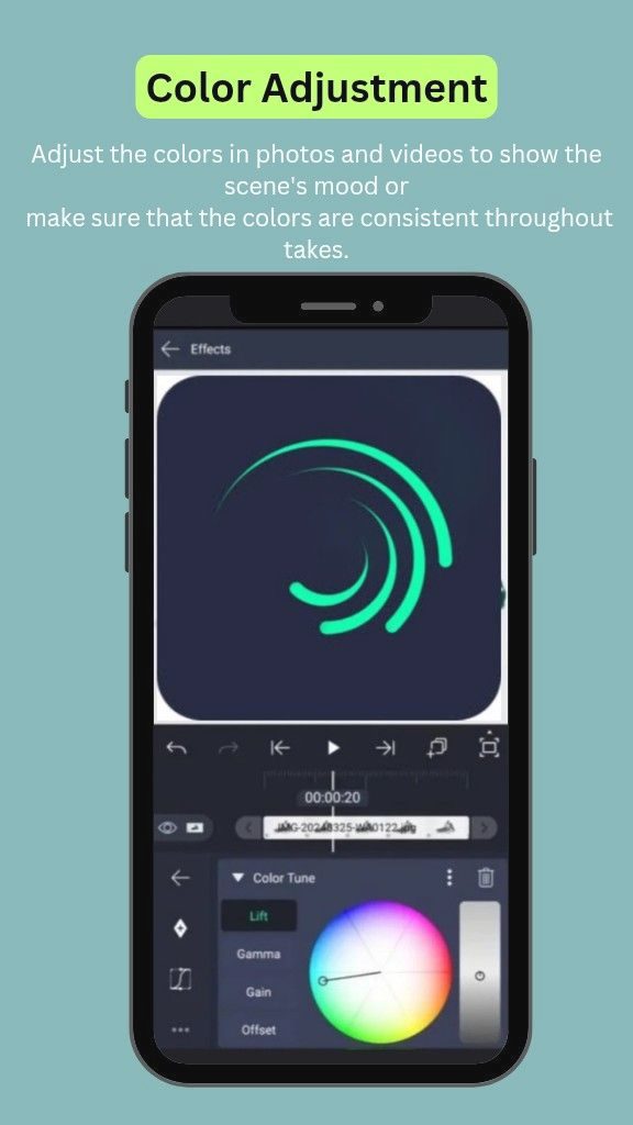 Home 9 Mobile screen showing the Color Adjustment controls in Alight Motion, featuring a color wheel, lift/gamma/gain/offset sliders, and a timeline for precise color correction.