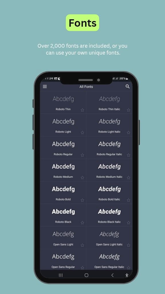 Home 6 Smartphone Screen displaying a fonts selection menu with various styles of the Roboto, and Open Sans typefaces.