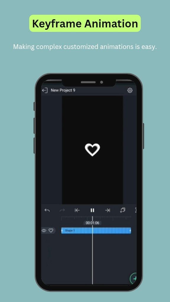 Home 5 Mobile screen displaying the Keyframe Animation timeline in Alight Motion, with a heart shape on the canvas and keyframe diamonds placed on the layer track to control motion.