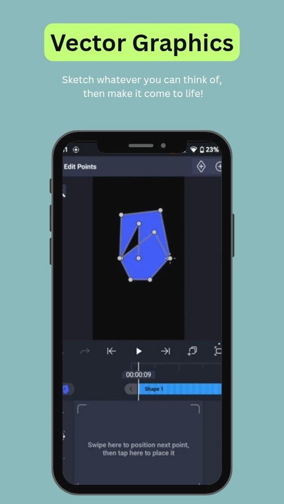 Home 3 Mobile screen showing the "Edit Points" interface for Vector Graphics in Alight Motion, with a blue, abstract, custom shape being edited using control handles and anchor points.