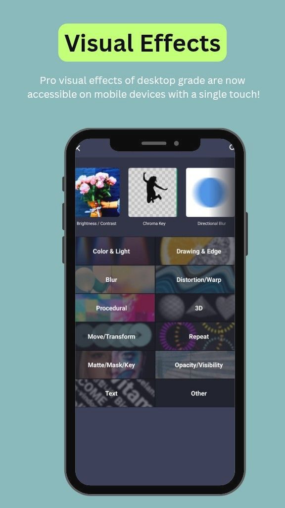 Home 10 Visual Effects menu showing a wide selection of effects categories, including color & Light, blur, Warp, 3D, Text, and chroma key.