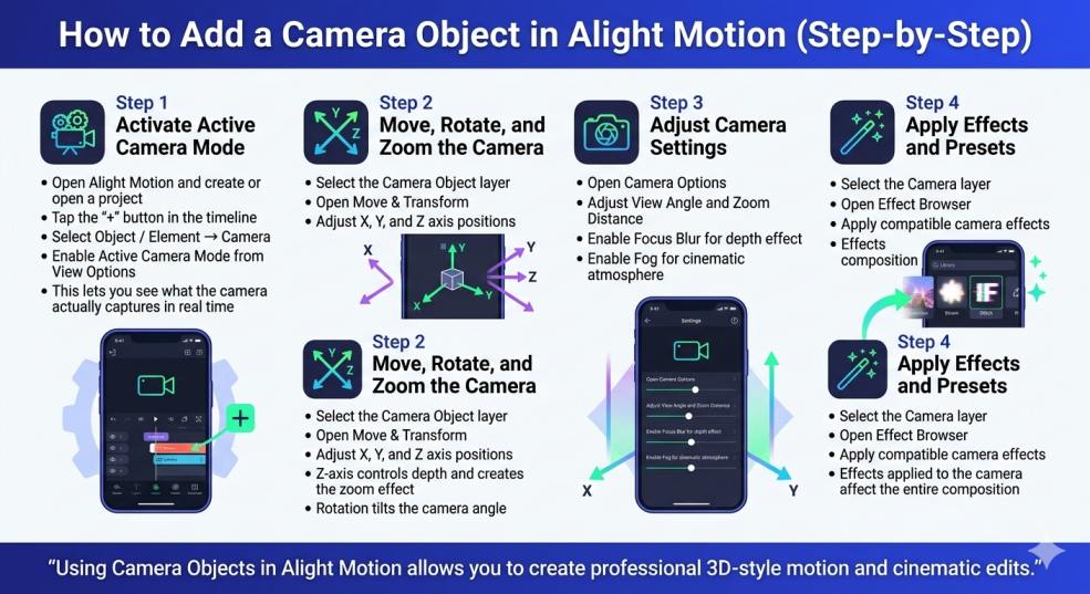 Camera Objects in Alight Motion: Everything You Need to Master Camera Controls, Blur & Parallax 3 How to Add a Camera Object in Alight Motion (Step-by-Step). Includes mobile UI screenshots showing Steps 1-4: Activate Active Camera Mode, Move and Zoom (X, Y, Z axes), Adjust Settings (View Angle, Focus Blur), and Apply Effects. Clean blue and white design with icons.