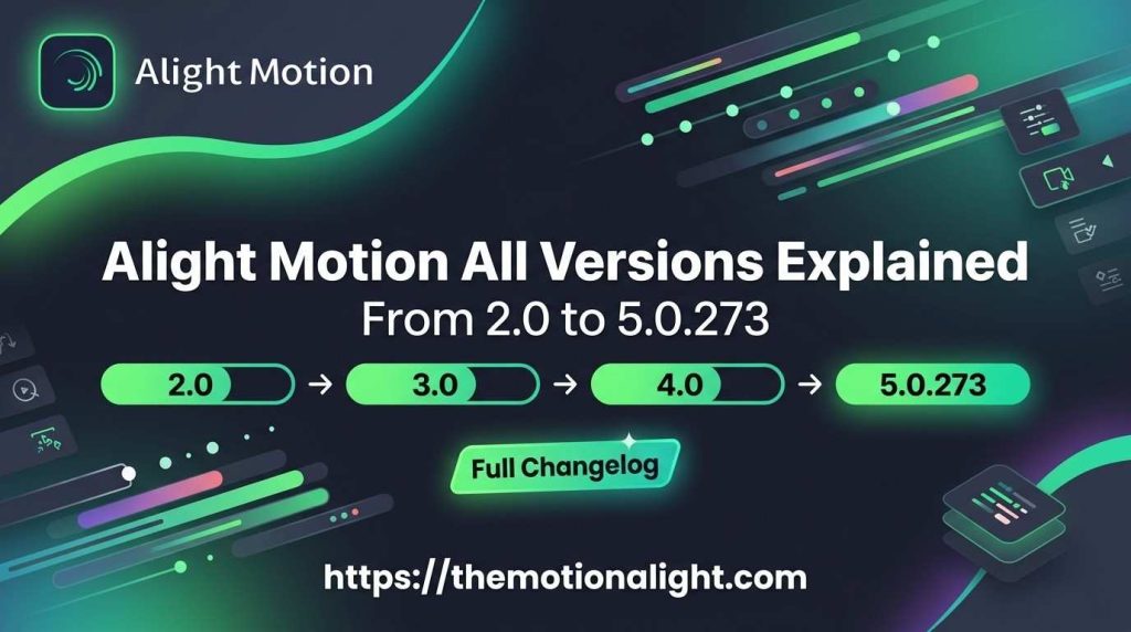 Alight Motion Changelog All Versions Explained - From 2.0 to 5.0.273 2 Alight Motion version history infographic from version 2.0 to 5.0.273 with editing icons.