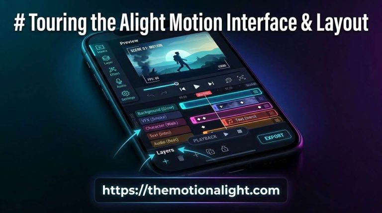 Touring the Alight Motion Interface and Layout: A Complete Guide for 2026 1 A high-quality 3D render of a smartphone displaying the Alight Motion video editing interface. The screen shows a detailed multi-layer timeline, preview window, and editing tool icons with neon blue and purple accents. Large bold text at the top reads